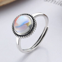wholesale S925 Sterling Silver Retro Korean Style Minimalist Luxury Small Moonstone Embedded Open Adjustable Ring for Women-YFJ462/approx. 3.3g Adjustable opening