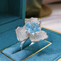 wholesale Platinum, ZHUO ZHI FAN New Collection Aquamarine 10*10mm Radiant Cut Flower Ring for Women, Fully Pavé Diamond Halo Setting-0-5