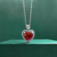 wholesale Metal: 925 Sterling Silver New Zhuo Zhifan Jewelry 8*8 Heart-shaped Round Diamond Pendant Necklace for Women, Classic and Stylish Design-N244 Red Diamond 925 Silver