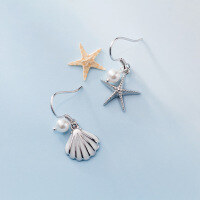 wholesale Metal: S925 Earrings for women, Korean-style small fresh and personalized asymmetric starfish shell animal earrings accessory G2058-S925 silver pair 925 silver