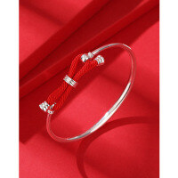 wholesale 999 Pure Silver Women's Bracelet with Red Rope Bow Knot for Birth Year, Minimalist and Niche Design, Plain Circle Silver Bangle for Girlfriend-Silver bracelet about 16.7 grams 999 silver