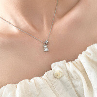 wholesale 925 Silver Fresh Sweet Ins Style Niche Design Inlaid Diamond Heart Bear Hoop Necklace Y02120-S925 Silver Necklace>925 Silver