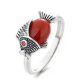 wholesale S925 Sterling Silver Retro Style Southern Red Agate Inlaid "Year After Year Abundance" Adjustable Ring Chinese Style Koi Fortune-0-4