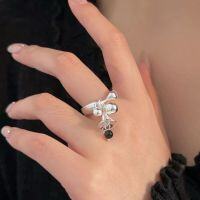 wholesale S925 Sterling Silver Black Onyx Bell Ring with Beaded Detail for Women, Minimalist and Versatile Luxury Style-Sterling silver