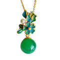 wholesale Gold-plated 925 Sterling Silver Green Chrysoprase Pendant with Cold Enamel Flower and Palace-style Ancient Jade Pendant Necklace-0-4