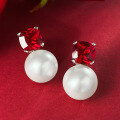wholesale Metal material first, MuJing Jewelry New Pigeon Blood Red Ruby Set with 12mm Pearl Stud Earrings, Fashionable and Versatile Earrings for Women-0-3