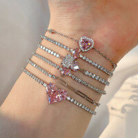 wholesale S925 Sterling Silver Cross-Border Women's Pink Love Zirconia Pavé Tennis Bracelet with Exquisite Sweet European-American Style Design-DY150308-SW-WH 925 silver