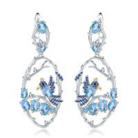 wholesale 925 Silver Secret Garden Designer Earrings with Flying Bird in Flowers Design, Chinese Style Natural Gemstone Earrings-Swiss Blue Topaz Earrings