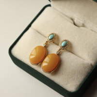 wholesale S925 Sterling Silver Vintage Natural Old Wax Green Turquoise Earrings with Pure Natural Full Honey Chicken Oil Yellow Old Amber Earrings-Natural aged wax turquoise earrings>925 silver
