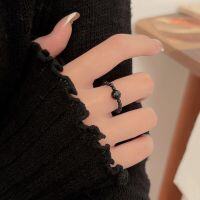 wholesale S925 Sterling Silver Natural Black Agate Beaded Elastic Rope Ring for Women, Small and Minimalist Design, New and Unique Band-Elastic rope design