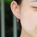 wholesale 925 Silver Long Tassel Simple and Fashionable Red Corundum Earrings, Water Drop Zircon Ear Thread Long Japanese-style Light Jewelry-0-2