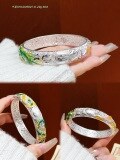 wholesale 999 Sterling Silver Antique Sand Enamel Floral Bamboo Bangle, New Retro Style Mother's Bracelet Gift-0-14