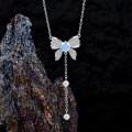 Sterling Silver Necklace with Moissanite, Fringe Bow Pendant, Summer Layering Collarbone Chain-0-1