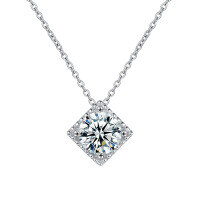 S925 Sterling Silver Moissanite Minimalist Cube Pendant Necklace-Simple Sugar Cube Necklace (White Gold)  1-Carat Moissanite