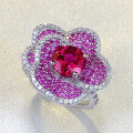 wholesale S925 Silver Pigeon Blood Red Flower Ring with Rose Petals, Fashionable and Versatile Luxury Setting, New Release-0-2