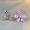 wholesale S925 Sterling Silver Pink Flower Earrings for Women Wholesale, Pink Gemstone, Small Niche, Sparkling Zircon, Cross-Border Best Seller-0-1