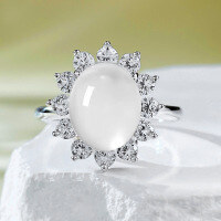 wholesale S925 Sterling Silver French Light Luxury Sunflower Water Jade 8*10 Ring, New Chinese Style Cabochon Ring-R992 Water Jade Ring Size 8