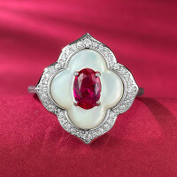 wholesale S925 Silver White Mother-of-Pearl Inlaid with 4*6mm Pigeon Blood Red, Fashionable Exquisite Vintage Style, Elegant and Temperamental-R838 Pigeon Blood Red No. 9