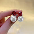 wholesale S925 Silver New Fashion Versatile Women's Style Ruby-Embedded 12mm Pearl Earrings-0-3