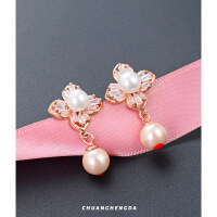 wholesale Rose gold plated S925 silver pearl clover flower ear stud earrings Korean retro elegant gentle zircon earrings-003176-Rose Gold S925 Silver