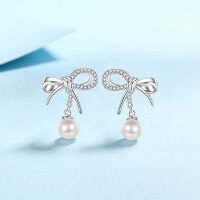 wholesale 925 Silver Natural Freshwater Pearl Earrings with Micro-Paved Moissanite Bow Tie Studs-6-7mm round beads/21 points