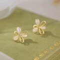 wholesale S925 Sterling Silver Earrings, Forest Series Sweet Hollow-Out Diamond-Inlaid Three-Leaf Flower Synthetic Cat's Eye Stone Earrings M05954-0-2