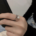 wholesale S925 Sterling Silver Korean-style Vintage Cross Pearl Ring with Black Spinel for Women, Versatile and Elegant-0-3