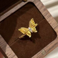 wholesale Metal: S925 Sterling Silver Gold Plated Vintage Dreamy Bow Textured Ring for Women, Versatile and Elegant-R1145 Butterfly Ring Size 7