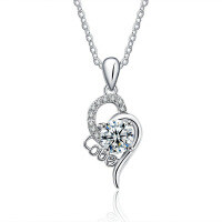 Sterling Silver Moissanite Women's Necklace with Simple Love Heart Pendant-White gold  50-point moissanite