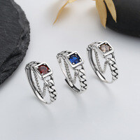 wholesale S925 Sterling Silver Chain Square Colored Zircon Ring Sweet Gentle Temperament Lady Luxury Style Index Finger Ring-572J/red about 3.8g opening adjustable