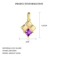 wholesale S925 Sterling Silver French Retro Irregular Heart Pendant Necklace With Inlaid Rhombus Color Zircon-A4385_Medium purple blue_18K yellow plated_Swimming paint_Palladium base_Single pendant 925 silver