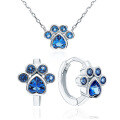 wholesale S925 Sterling Silver Purple Blue Zircon Heart Cat Paw Necklace and Ear Clips Cute Sweet Girl Jewelry Set-0-0