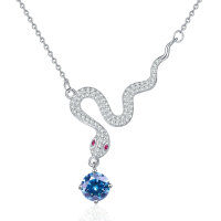 925 Sterling Silver 1ct Moissanite Snake Pendant Necklace, Cross-border New-1-carat blue moissanite