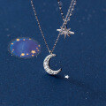 wholesale S925 Silver Women's Korean Style Double Layer Sweet and Fresh Diamond-Inlaid Star Moon Cross Pendant Necklace D6454-0-1