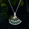wholesale Metal: 925 Sterling Silver Spey New 33mm Muzo Green Lab-Grown Emerald Fan Pendant, Versatile 60cm Adjustable-0-1
