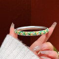 wholesale 999 Sterling Silver Antique Sand Enamel Floral Bamboo Bangle, New Retro Style Mother's Bracelet Gift-0-4