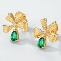 wholesale S925 Sterling Silver Gold-Plated, Italian Crafted Cultivated Emerald Stud Earrings with Luxe Bow Twist Brushed Finish-0-1