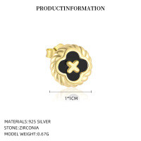 wholesale S925 Sterling Silver Round Vintage Button Earrings with Inlaid White Shell, Luxury Advanced Style, Cross-Border Wholesale-YE0207_Black Agate_18K Yellow Plated_Pair_With Small Flower Ear Caps 925 Silver