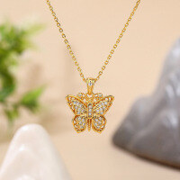 wholesale S925 Silver Gold-Plated Adjustable Hollow Full Diamond Butterfly Necklace, In Stock-Golden Butterfly with Chain
