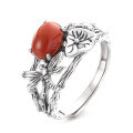 wholesale S925 Sterling Silver Multi-layer Line Nanhong Agate Inlaid Dragonfly Lotus Ring, Artistic Vintage Ethnic Style-0-6