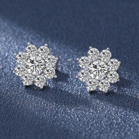 wholesale S925 Sterling Silver Moissanite Sunflower Stud Earrings for Women, Fashionable and Versatile Floral Ear Accessories Factory Wholesale-50 points + 50 points (high carbon diamond) earrings 925 silver