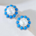 wholesale 925 silver new jewelry blue turquoise inlaid 12mm pearl ear studs fashionable elegant ear clips-0-2
