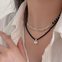 wholesale S925 Sterling Silver Black Agate Heart Necklace for Women, Korean New Style Minimalist and High-End Small All-Match Choker-Pure silver (40+5CM)