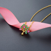 wholesale S925 Silver Fashion Colored Zircon Pendant Choker Necklace Korean Style Forest Series Wisdom Tree Women's Personality Necklace-003253-Gold 925 Silver