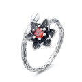 wholesale S925 Sterling Silver Vintage Matte Branch Texture Creative Ring Setting with Red Zirconia Flower Adjustable Open Ring-0-4