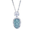 S925 Silver, Gold-Plated, and Diamond Natural Aqua Jadeite Leaf Pendant Necklace-0-3