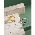 wholesale S925 Sterling Silver JA486 Korean Hollow Ring, Ins Style Hammered Irregular Texture Adjustable Circular Ring for Women-0-1