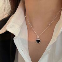 wholesale S925 Sterling Silver Black Agate Heart Necklace Women's Korean Dongdaemun Spring Summer New Fashion Versatile Collarbone Chain-Pure silver (length 40+5CM)