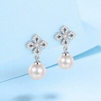 wholesale S925 Sterling Silver Square Moissanite Earrings with Freshwater Flawless Pearls, Korean-style Earrings Gift-31-point Moissanite + 8-9mm Pearl &gt; 925 Silver