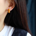 wholesale S925 Sterling Silver Simple Natural Chinese Style Antique Beeswax Yellow Amber Bead Earrings-0-4